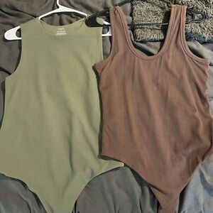 Nuuds Olive and Brown Ribbed Bodysuits